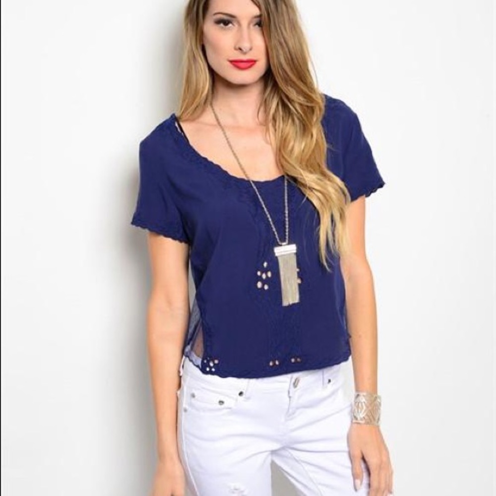 NWOT Navy Short Sleeve Scoop Neck Top